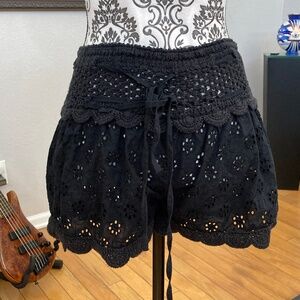 NEW SURF GYPSY black lace eyelet crochet swim shorts M